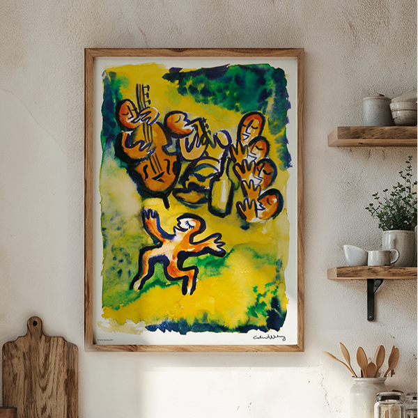 A colorful framed abstract painting hangs on a textured cream wall in a bright, modern kitchen. The painting features expressive brushstrokes of yellow, green, orange, and blue.