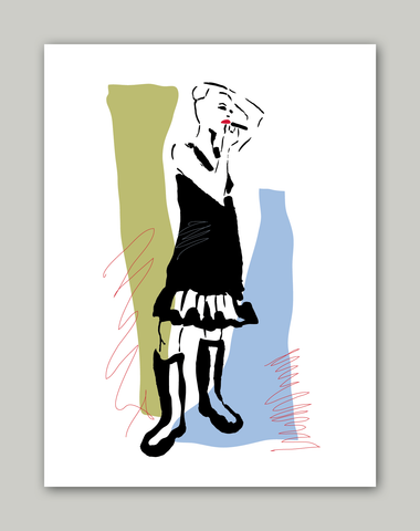 Fashion poster featuring a cool girl in a black dress and Wellington boots, showcasing her attitude.