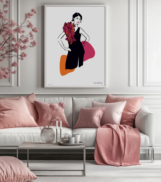 Fashion poster featuring an elegant woman in a black dress with a big flower