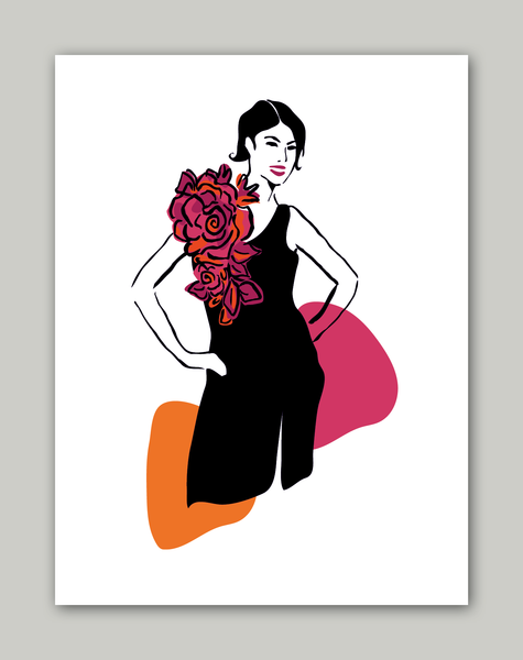 Fashion poster with an elegant woman in a black evening dress adorned with large red fabric roses.