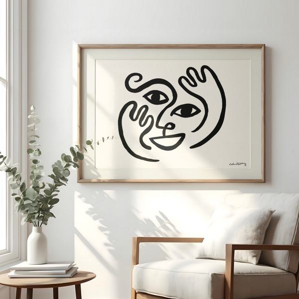 Poster featuring a simple, expressive black-and-white painting of a happy face brimming with vibrant energy.