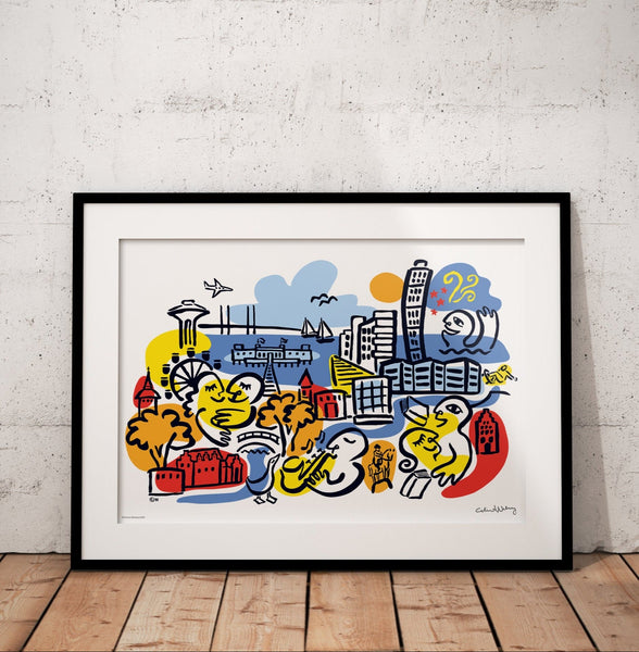 Colourful, expressive illustration of Malmö city with the Turning Torso, the Öresund bridge, sauna, buildings and people