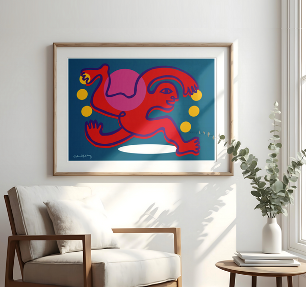 Poster in living room featuring a vibrant, naive illustration of a dynamic runner against a blue background