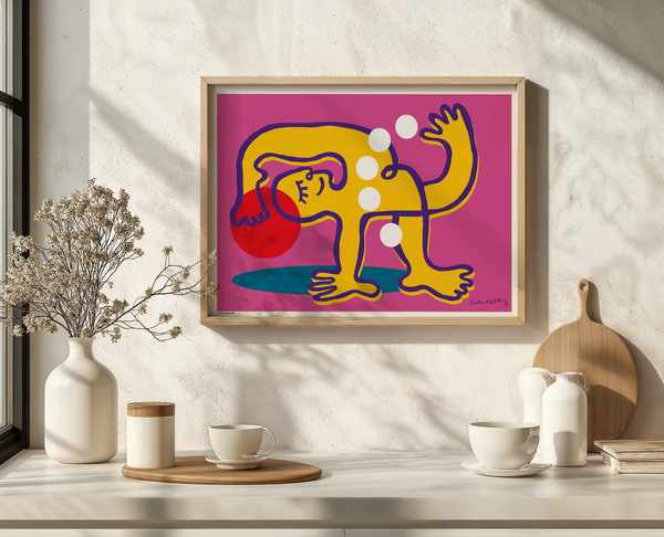 A poster in a kitchen featuring a vibrant, naive illustration of a dynamic happy yogi against a pink background