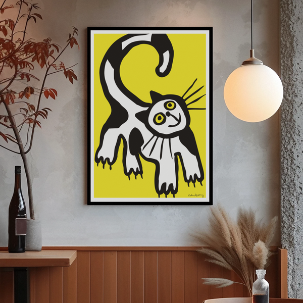 Poster of an expressive, naive illustration of a big, cosy, curious, black-and-white cat on a yellow background.