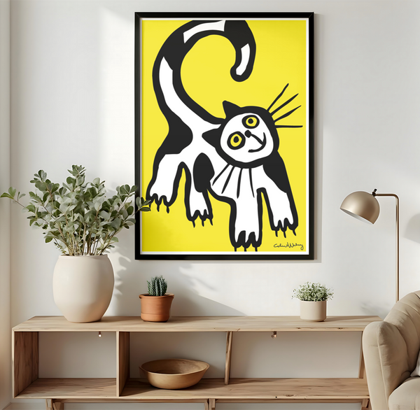 Poster of an expressive, naive illustration of a big, cosy, curious, black-and-white cat on a yellow background.