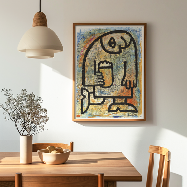 Poster med en expressionistisk målning i stil av Picasso med en man som dricker öl med Malmökarta i bakgrunden.