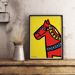 Poster with a naive colorful, expressive simple illustration of a red Swedish Darla horse on a yellow background. 