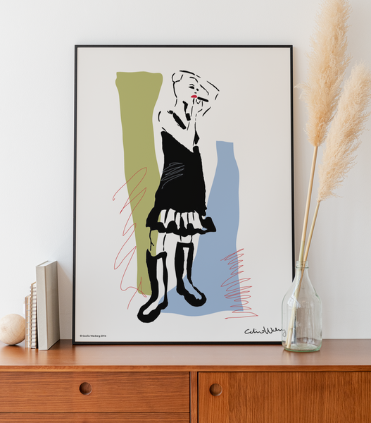 Fashion poster featuring a cool girl in a black dress and Wellington boots, showcasing her attitude.