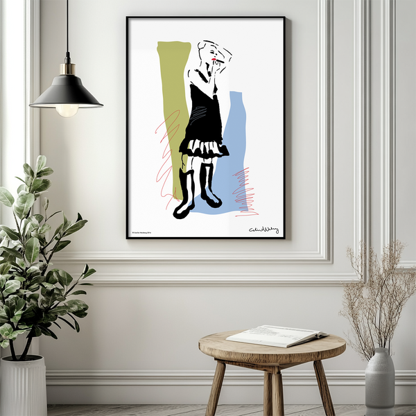 Fashion poster featuring a cool girl in a black dress and Wellington boots, showcasing her attitude.