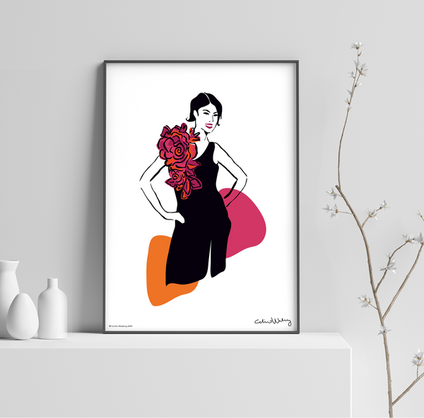 Fashion poster featuring an elegant woman in a black dress with a big flower