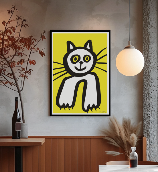 Poster featuring a charming, naive illustration of a cosy, cuddly, curious kitty cat against a yellow background.