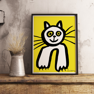 Poster featuring a charming, naive illustration of a cosy, cuddly, curious kitty cat against a yellow background.