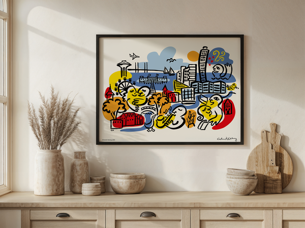 Colourful, expressive illustration of Malmö city with the Turning Torso, the Öresund bridge, sauna, buildings and people